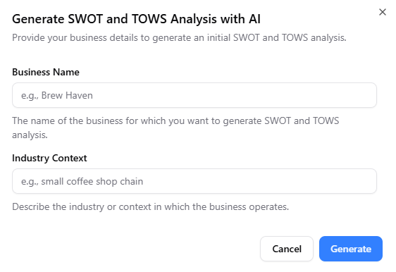 Generate SWOT and TOWS Analysis with AI