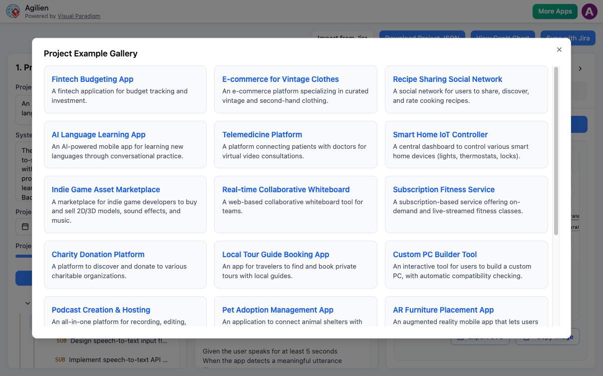 A pop-up gallery in Agilien showing various project templates, including Fintech, E-commerce, and Telemedicine, to help users instantly start their Jira backlog.