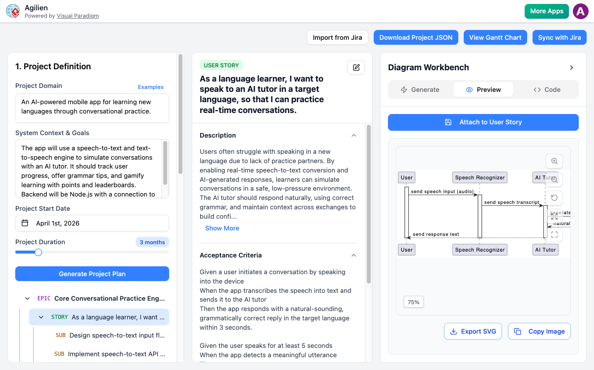 Agilien AI tool generating a structured Jira backlog and technical UML diagrams from a simple project goal statement.