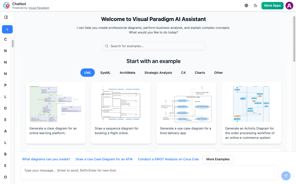 Visual Paradigm AI chatbot dashboard featuring automated diagram generation examples for class diagrams, sequence diagrams, and flowcharts.