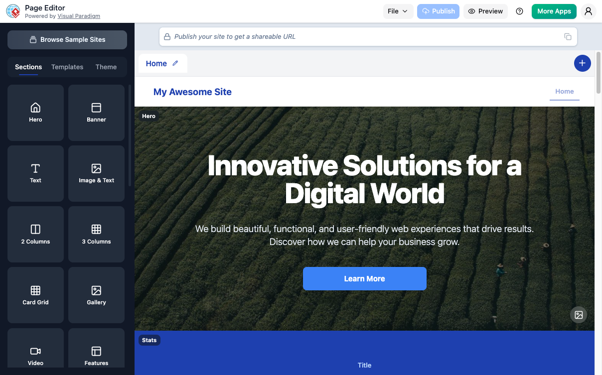 Visual Paradigm AI Page Editor interface showing drag-and-drop website design tools