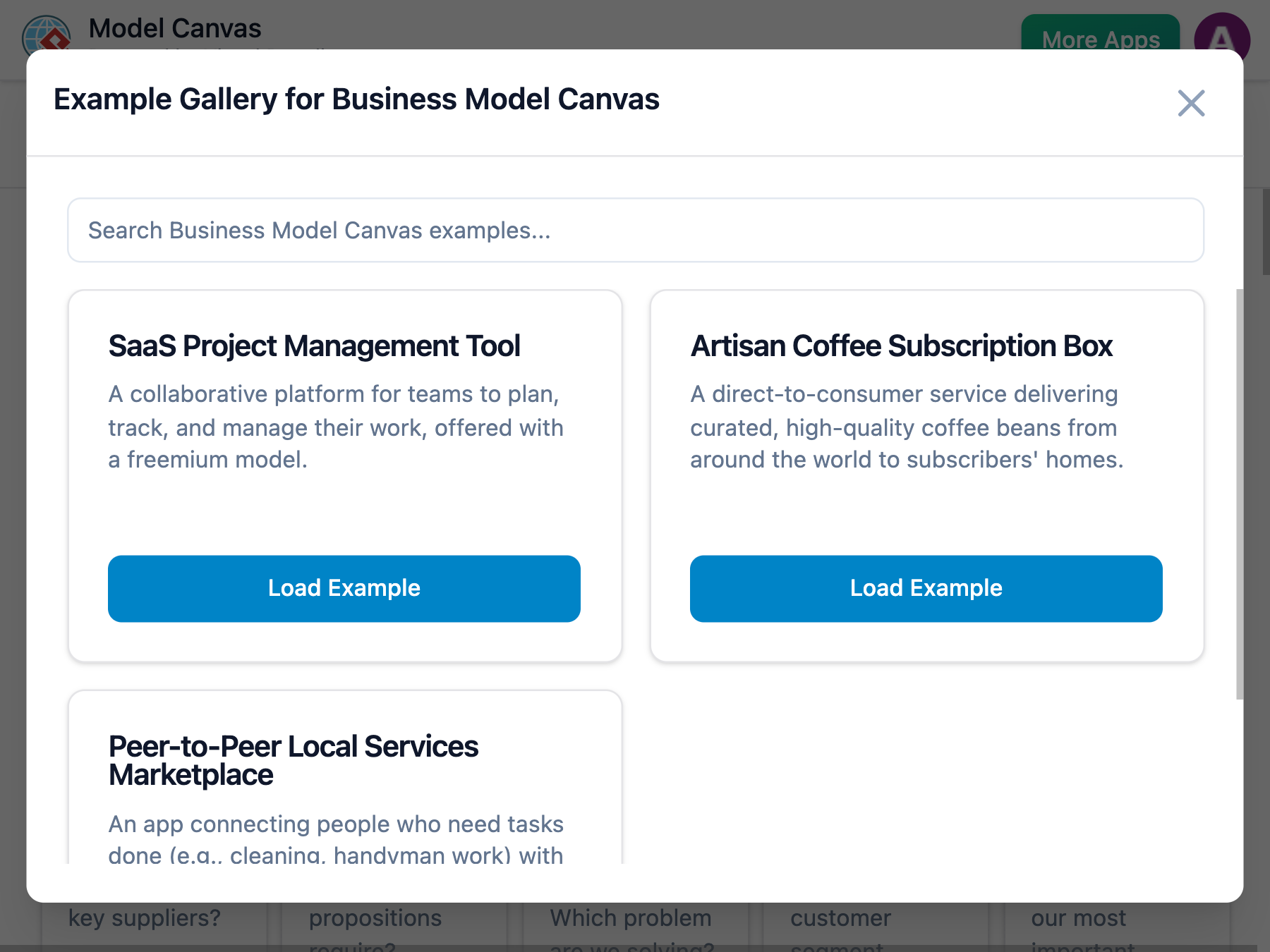 The Example Gallery window in Visual Paradigm Model Canvas, showing pre-filled business model examples for a SaaS Project Management Tool, an Artisan Coffee Subscription Box, and a Peer-to-Peer Local Services Marketplace