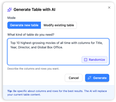 AI Table Generator: Prompt