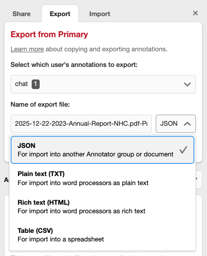 Annotator Export Options Supported Formats