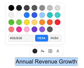 Floating formatting toolbar showing color picker swatches, font size, alignment, and font face controls