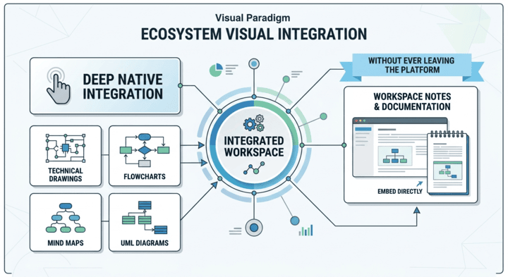 A visual graphic showcasing the ecosystem visual integration of NotesKeep - Visual Paradigm, demonstrating how technical drawings, flowcharts, mind maps, and UML diagrams embed directly into workspace notes without leaving the platform.