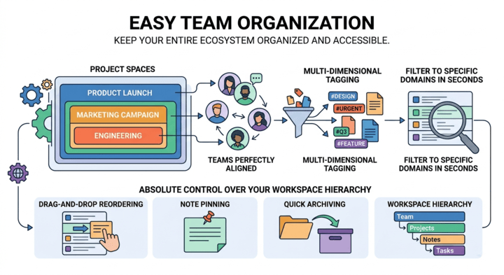 A diagram illustrating easy team organization in NotesKeep - Visual Paradigm, featuring project spaces, multi-dimensional tagging, search filters, drag-and-drop reordering, and note pinning for absolute control over workspace hierarchy.