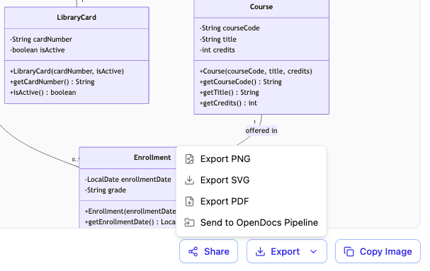 The file export dropdown menu in VPasCode, showing options to download diagrams as PNG, SVG, or PDF.