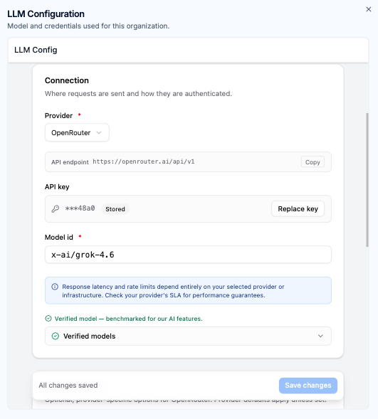 Interface showing custom AI endpoint settings on the left and enterprise security benefits on the right for AI diagram generation.