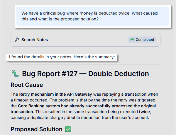 An interface mockup of the AI companion chatbot tool analyzing a project workspace in NotesKeep - Visual Paradigm, successfully answering a complex user query about a critical double deduction bug report.